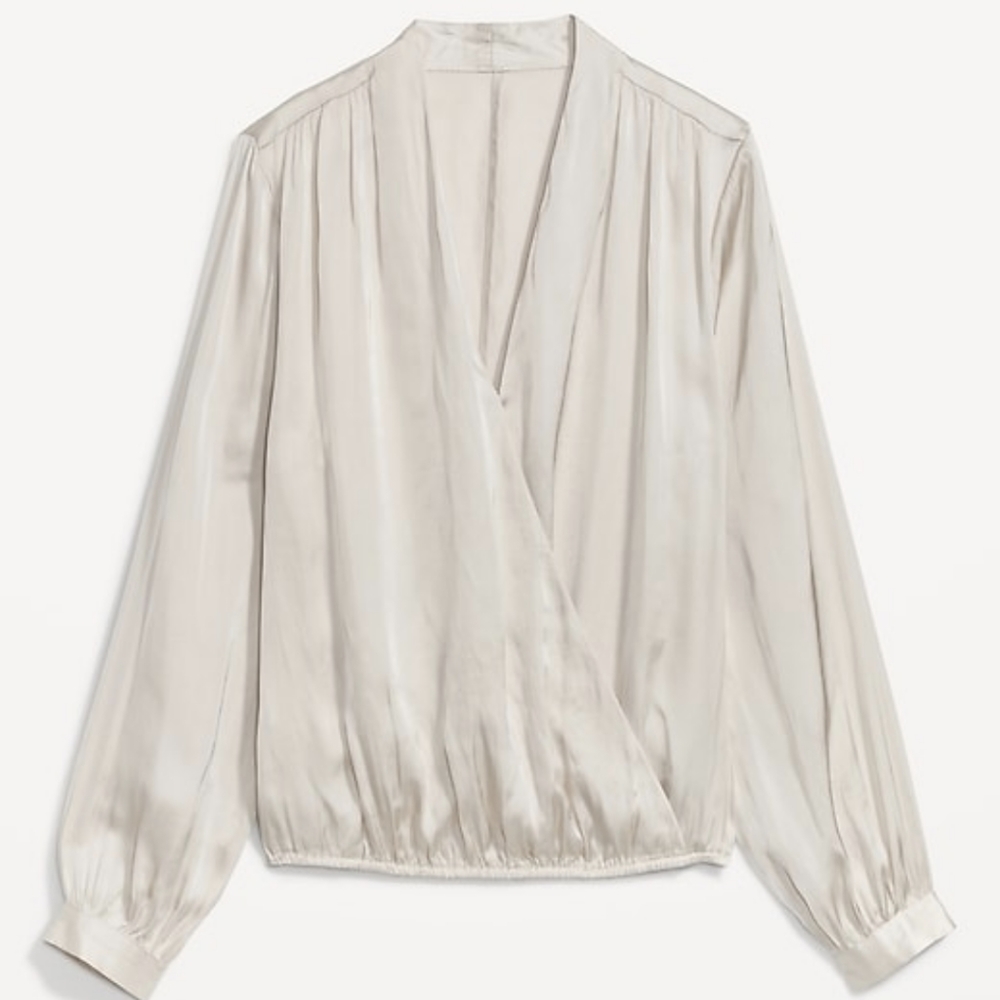 Old Navy Cross-Front Satin Long Sleeve Wrap Blouse XL Tall Cream